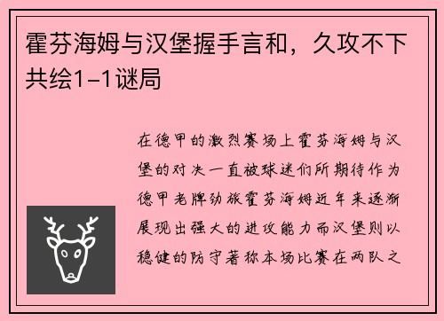 霍芬海姆与汉堡握手言和，久攻不下共绘1-1谜局