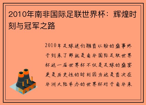 2010年南非国际足联世界杯：辉煌时刻与冠军之路